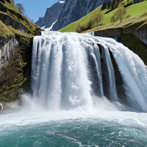 **Prompt:** Powerful waterfall in the Swiss Alps during spring. Snow melting, creating a strong current. Focus on the energy and force of the water.