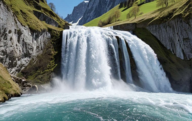 **Prompt:** Powerful waterfall in the Swiss Alps during spring. Snow melting, creating a strong current. Focus on the energy and force of the water.