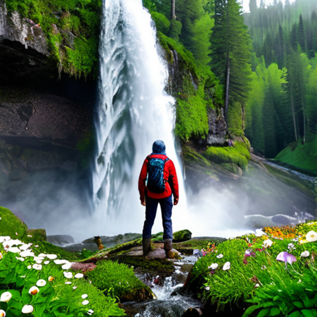 A person, fully clothed in modest, waterproof hiking gear and sturdy boots, stands amidst a vibrant spring landscape, gazing at a powerful waterfall. Meltwater cascades with untamed energy, creating a fresh, misty veil in the air. Surrounding rocks are covered in young, bright green foliage and a carpet of colorful wildflowers like wood anemones. The scene captures the raw power and awakening of nature, with fine water spray visible in the crisp air. Professional nature photography, dynamic lighting, high detail, natural colors, safe for work, appropriate content, fully clothed, family-friendly, perfect anatomy, correct proportions, natural pose, well-formed hands, proper finger count.