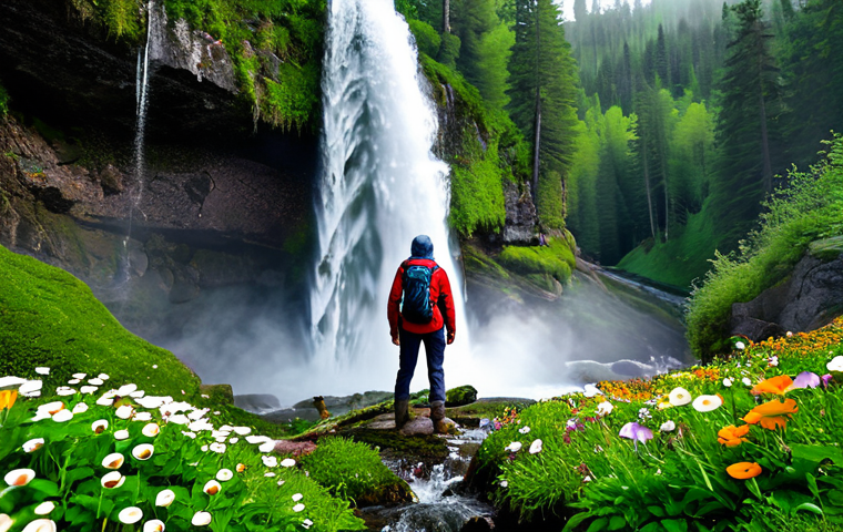 A person, fully clothed in modest, waterproof hiking gear and sturdy boots, stands amidst a vibrant spring landscape, gazing at a powerful waterfall. Meltwater cascades with untamed energy, creating a fresh, misty veil in the air. Surrounding rocks are covered in young, bright green foliage and a carpet of colorful wildflowers like wood anemones. The scene captures the raw power and awakening of nature, with fine water spray visible in the crisp air. Professional nature photography, dynamic lighting, high detail, natural colors, safe for work, appropriate content, fully clothed, family-friendly, perfect anatomy, correct proportions, natural pose, well-formed hands, proper finger count.