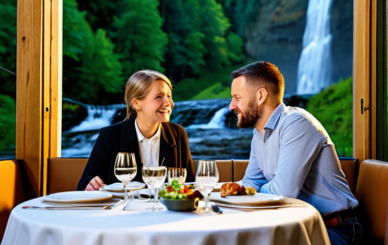 Romantic Dinner in the Ardennes**
"A couple enjoying a romantic dinner at a restaurant next to a waterfall in the Ardennes, Belgium. The setting is intimate with soft lighting, the table is set with fine dining ware. They are fully clothed in appropriate attire. Safe for work, professional photography, perfect anatomy, natural proportions, family-friendly, high quality."
**