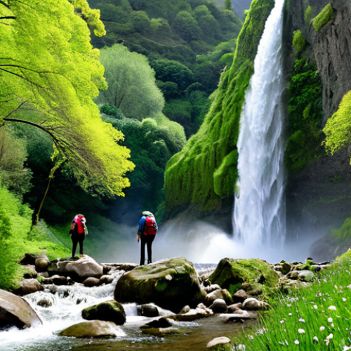 **

"Loenense waterfall in springtime, surrounded by blooming trees, water cascading down rocks, lush green foliage, fully clothed hikers admiring the view, appropriate attire, safe for work, perfect anatomy, correct proportions, professional photography, high quality, family-friendly scene, realistic."

**