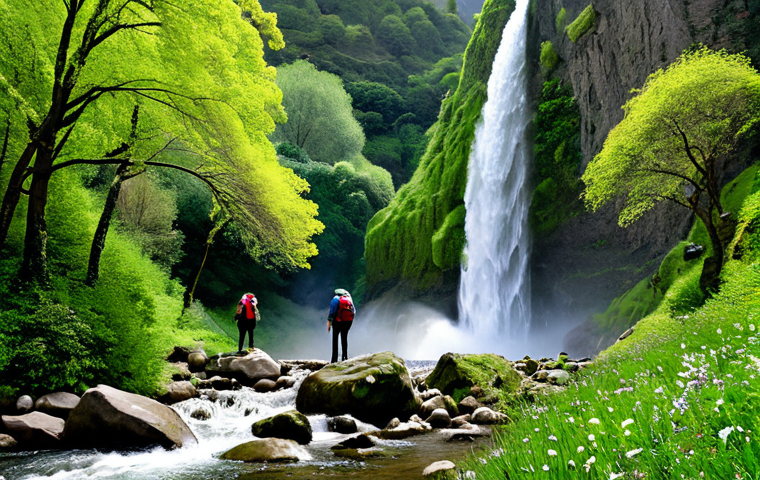 **
"Loenense waterfall in springtime, surrounded by blooming trees, water cascading down rocks, lush green foliage, fully clothed hikers admiring the view, appropriate attire, safe for work, perfect anatomy, correct proportions, professional photography, high quality, family-friendly scene, realistic."
**